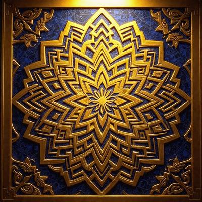 The primary subject of the image is a beautifully crafted, intricate design featuring a large, golden flower. The setting is a blue background, which complements the vibrant colors of the flower. The visual style is a combination of digital art and illustration, creating a unique and captivating piece of art. The dominant colors are gold and blue, giving the design a warm and inviting atmosphere.